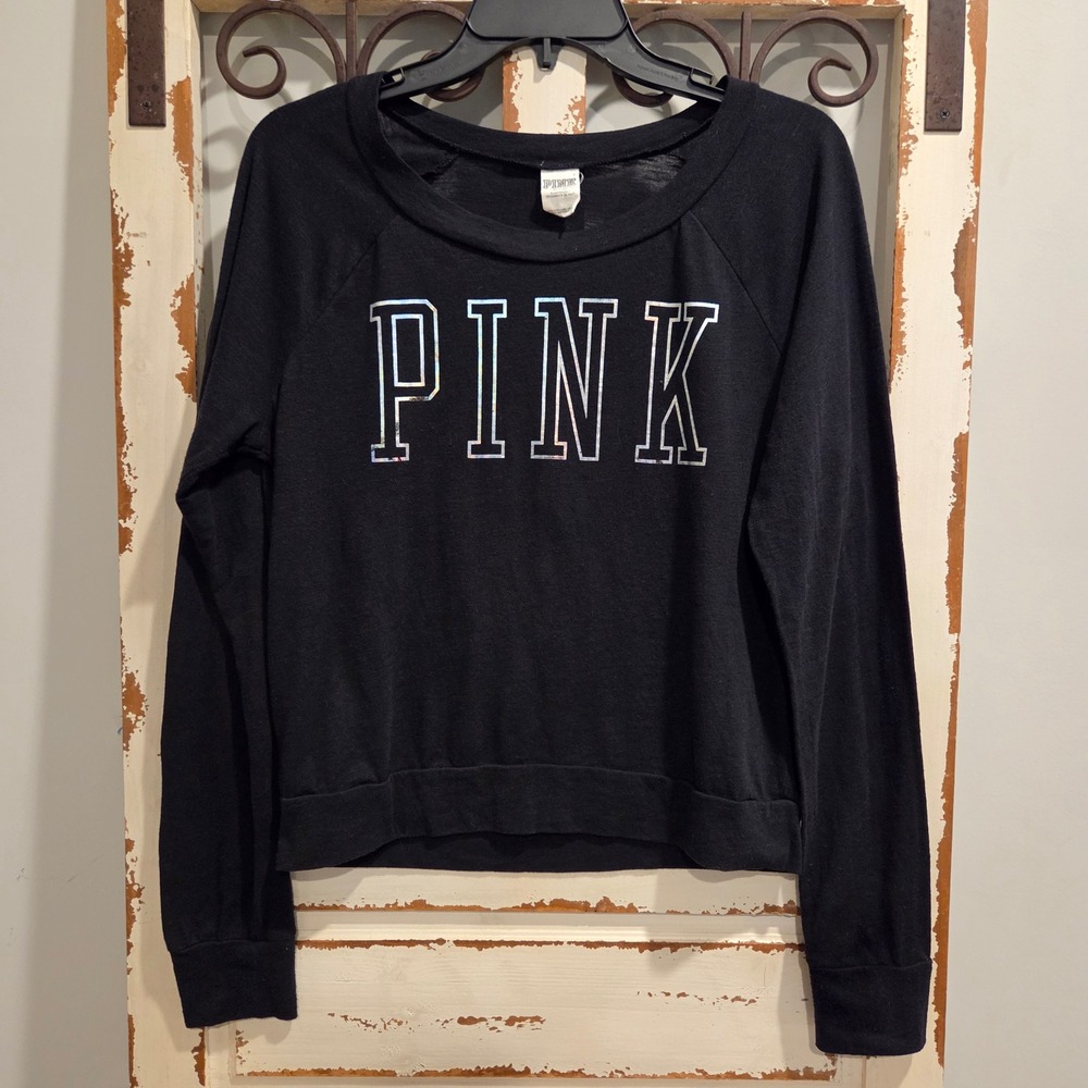 Victoria's Secret PINK Black Holographic Logo Long Sleeve Sleep Shirt Medium